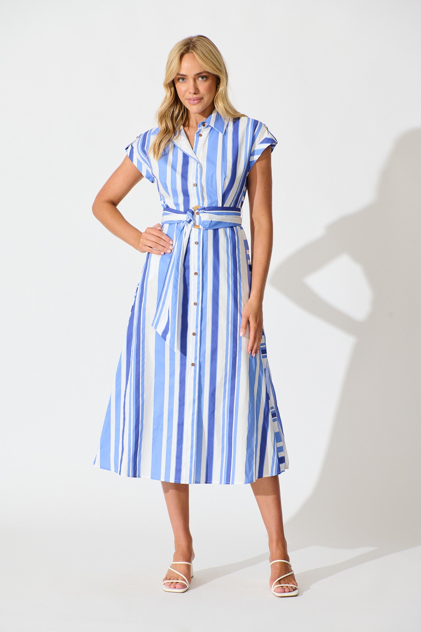 Olvera Midi Shirt Dress in Blue Stripe Cotton full length