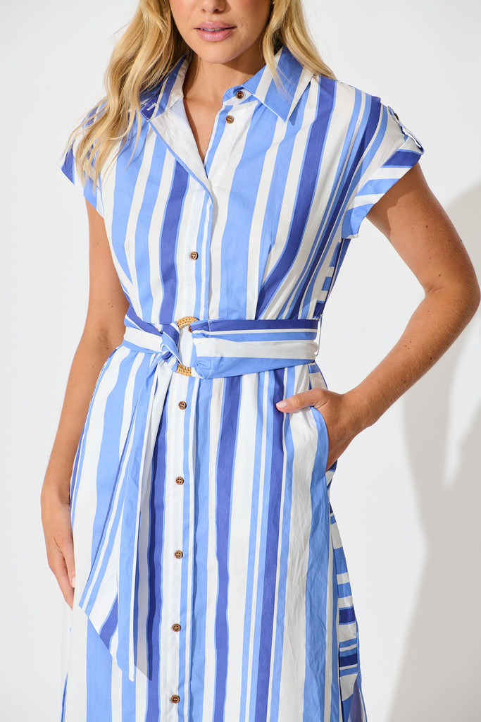 Olvera Midi Shirt Dress in Blue Stripe Cotton detail