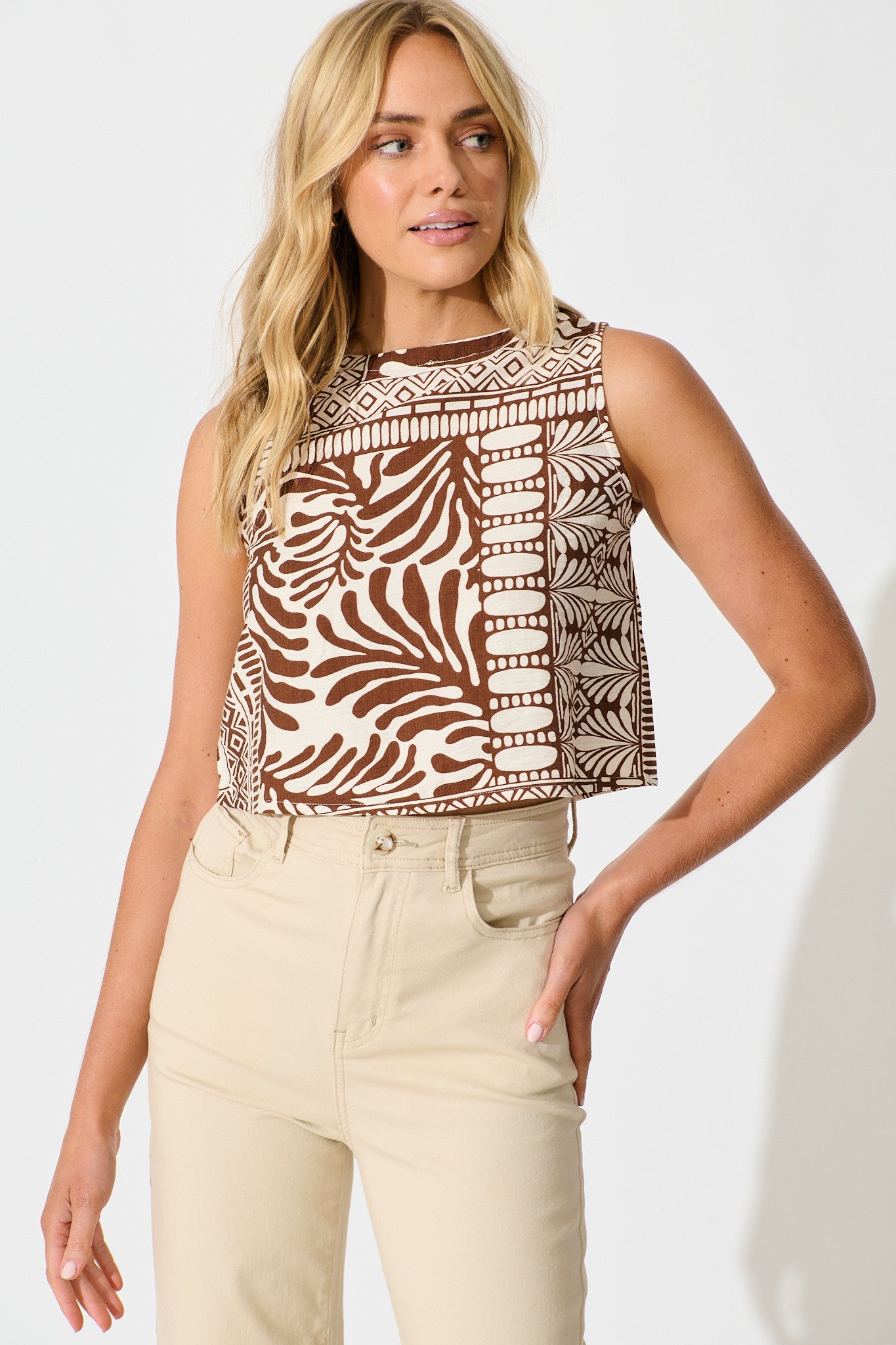 Leona Top in Chocolate and Cream Tile Print front