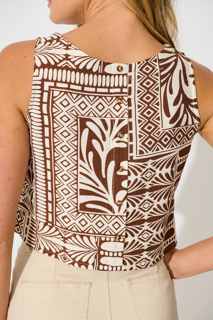 Leona Top in Chocolate and Cream Tile Print detail