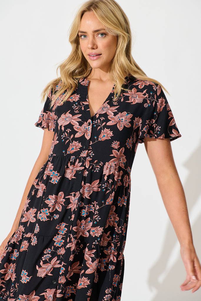 Adeline Shirt Dress in Black with Brown Floral Print front