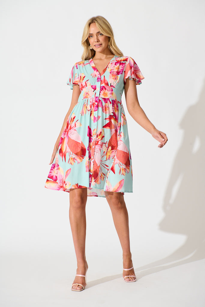 Bianca Dress in Blue with Pink Floral full length