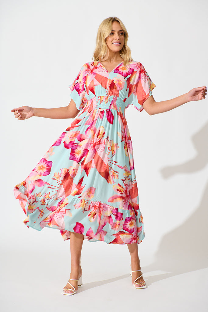 Nola Midi Dress in Blue with Pink Floral full length