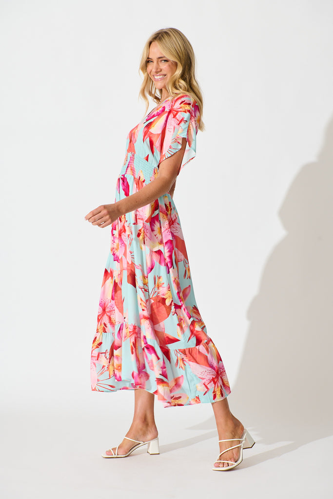 Nola Midi Dress in Blue with Pink Floral side