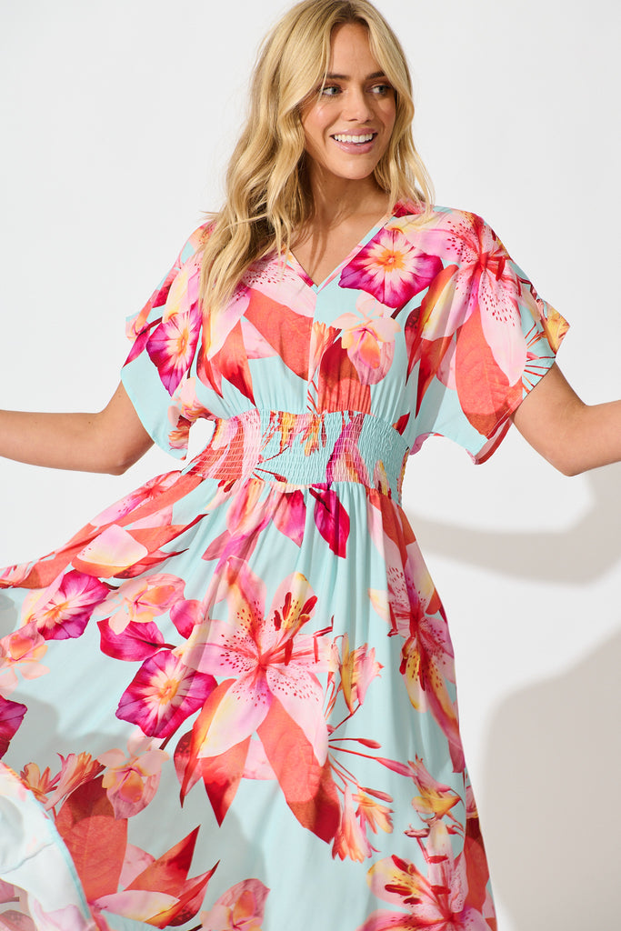 Nola Midi Dress in Blue with Pink Floral front