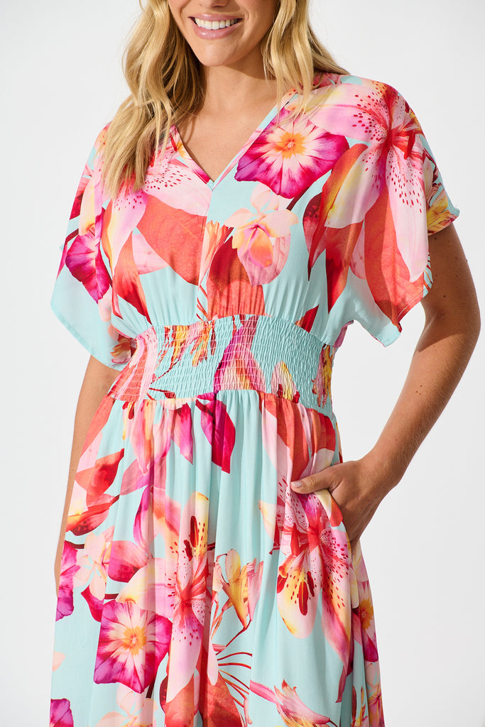 Nola Midi Dress in Blue with Pink Floral detail