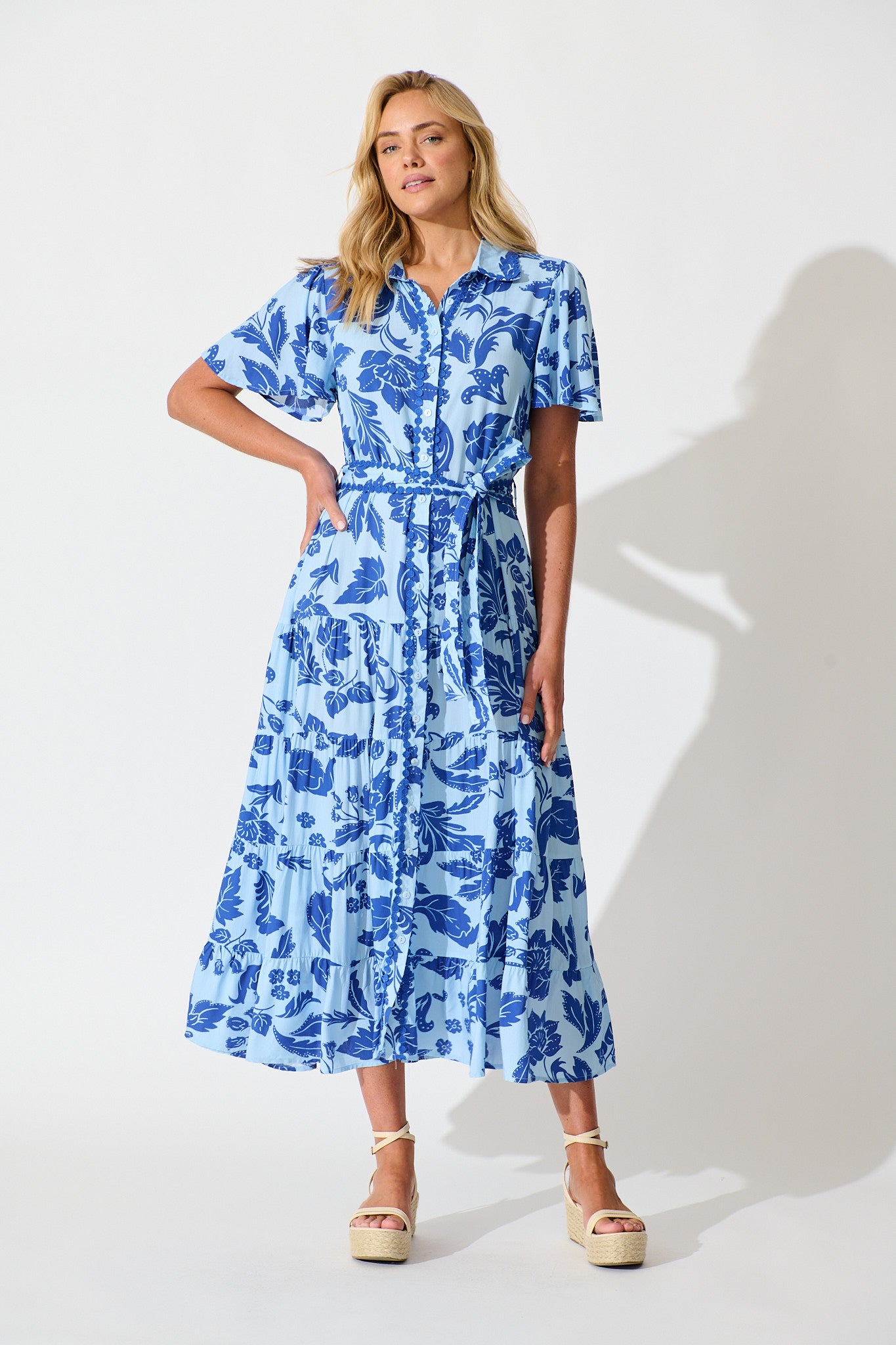 Roselle Maxi Shirt Dress in Blue Leaf Print full length