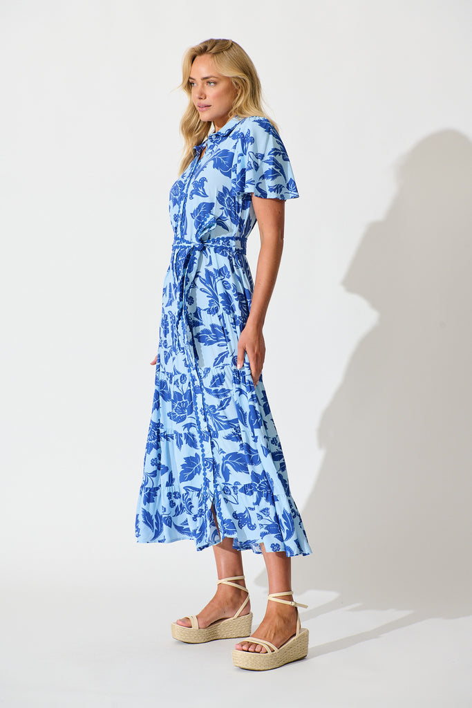 Roselle Maxi Shirt Dress in Blue Leaf Print side