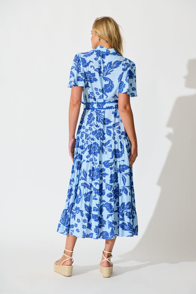 Roselle Maxi Shirt Dress in Blue Leaf Print back