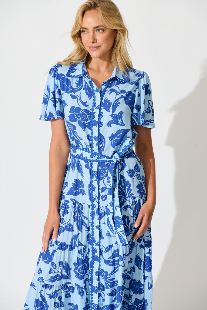 Roselle Maxi Shirt Dress in Blue Leaf Print front