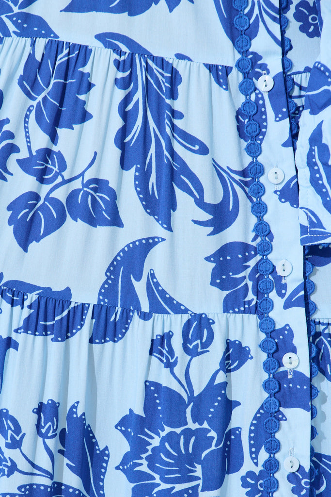 Roselle Maxi Shirt Dress in Blue Leaf Print fabric