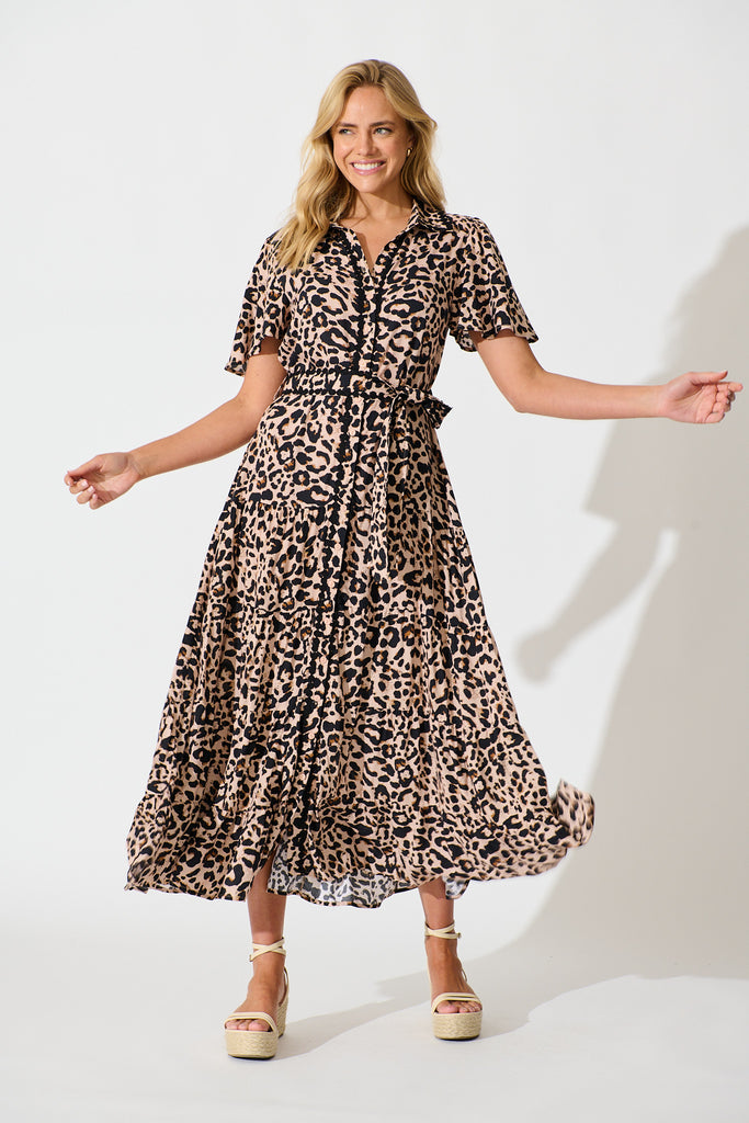 Roselle Maxi Shirt Dress in Brown Leopard Print full length