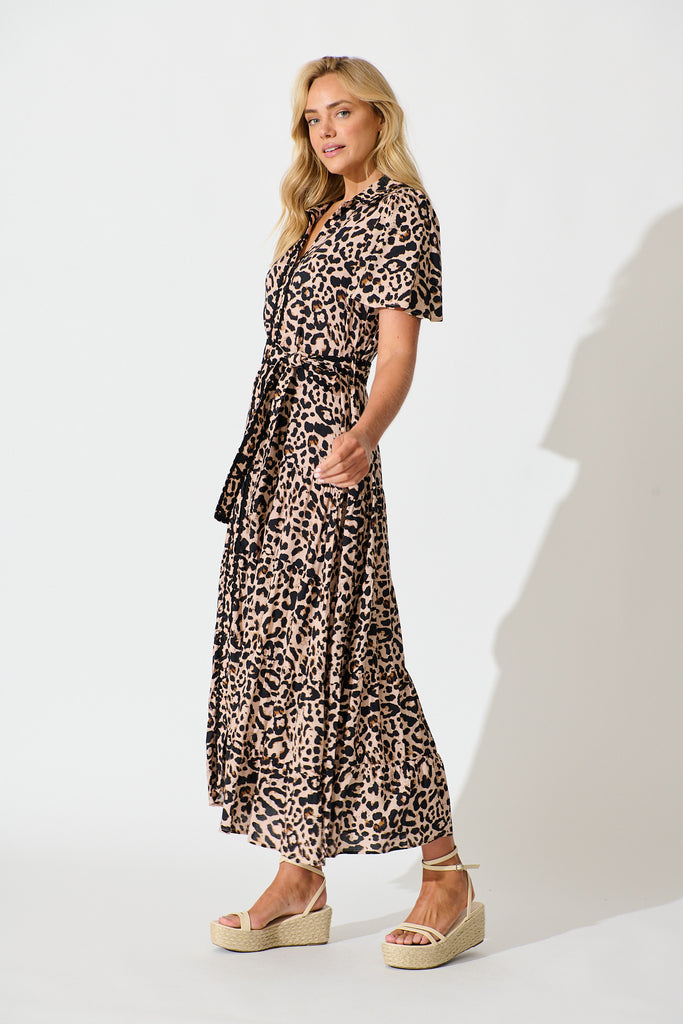 Roselle Maxi Shirt Dress in Brown Leopard Print side