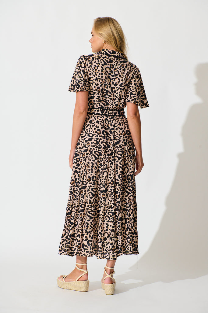 Roselle Maxi Shirt Dress in Brown Leopard Print back