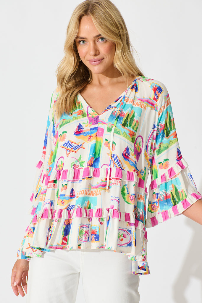 Rina Top in White With Bright Resort Print front