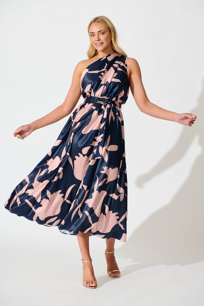 Bernadette One Shoulder Midi Dress in Navy with Mocha Satin full length