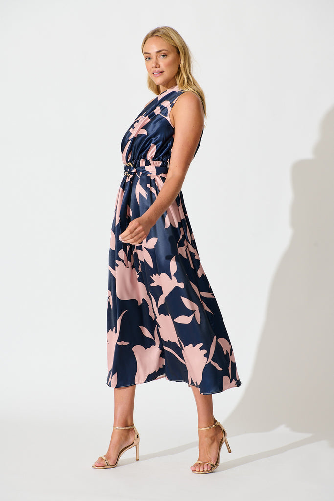 Bernadette One Shoulder Midi Dress in Navy with Mocha Satin side