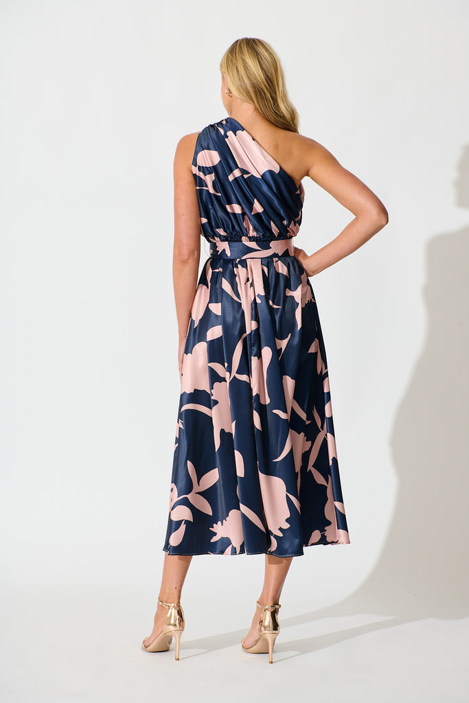 Bernadette One Shoulder Midi Dress in Navy with Mocha Satin back