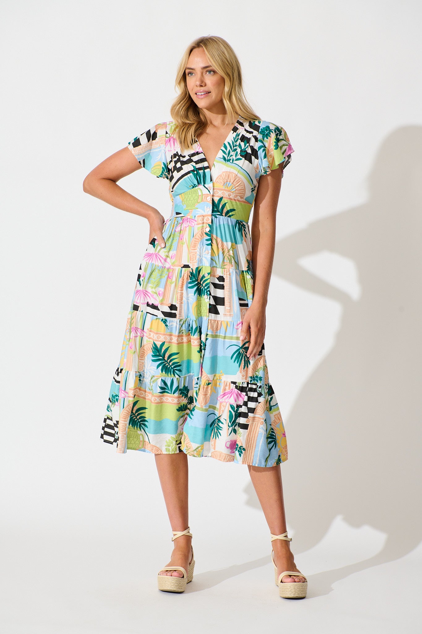 Lively Midi Dress in White Multi Print full length