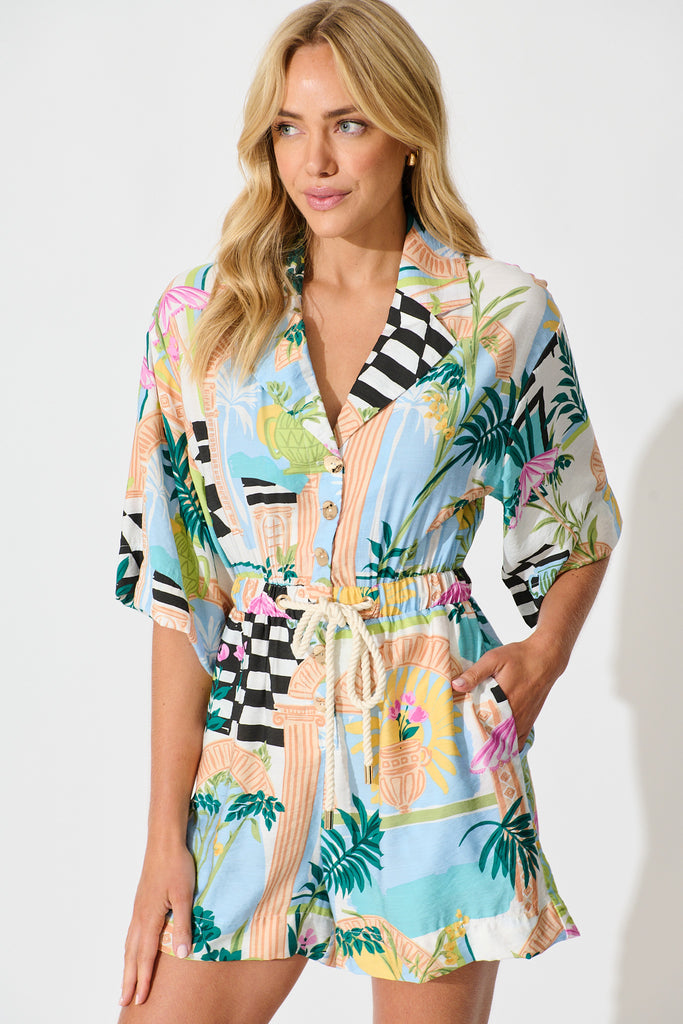 Maui Playsuit In White Multi Print front