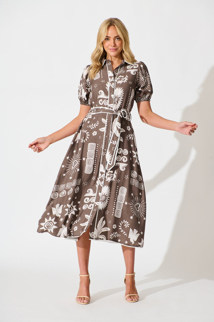 Norah Midi Shirt Dress in Mocha and White print full length