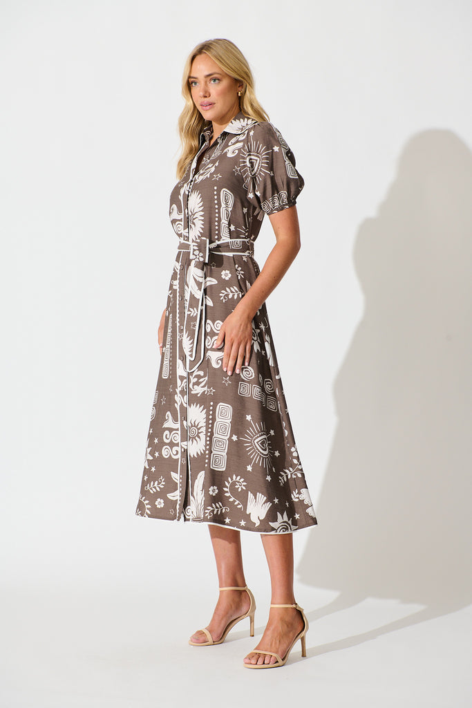 Norah Midi Shirt Dress in Mocha and White print side