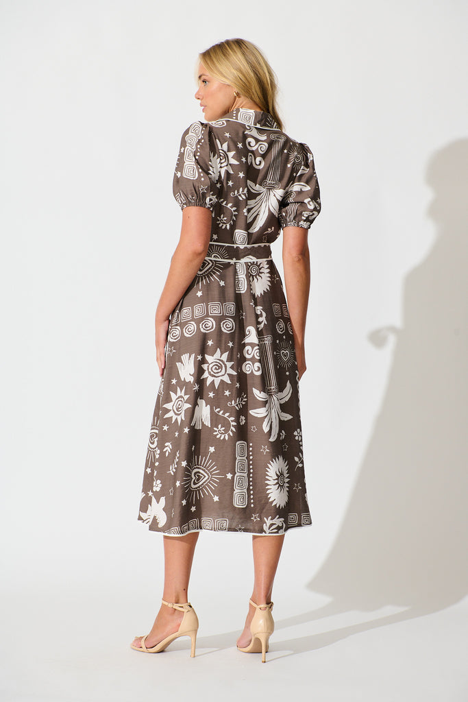 Norah Midi Shirt Dress in Mocha and White print back