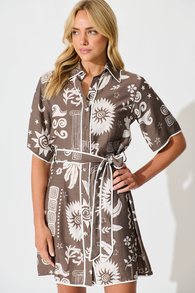 Lila Shirt Dress in Mocha and White print front