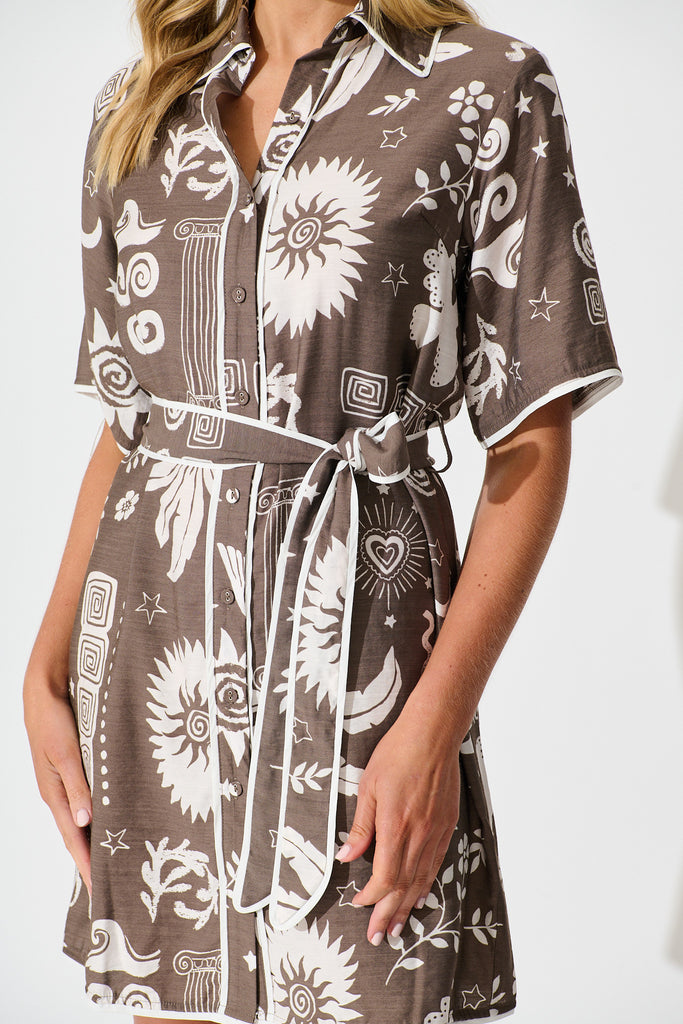 Lila Shirt Dress in Mocha and White print detail