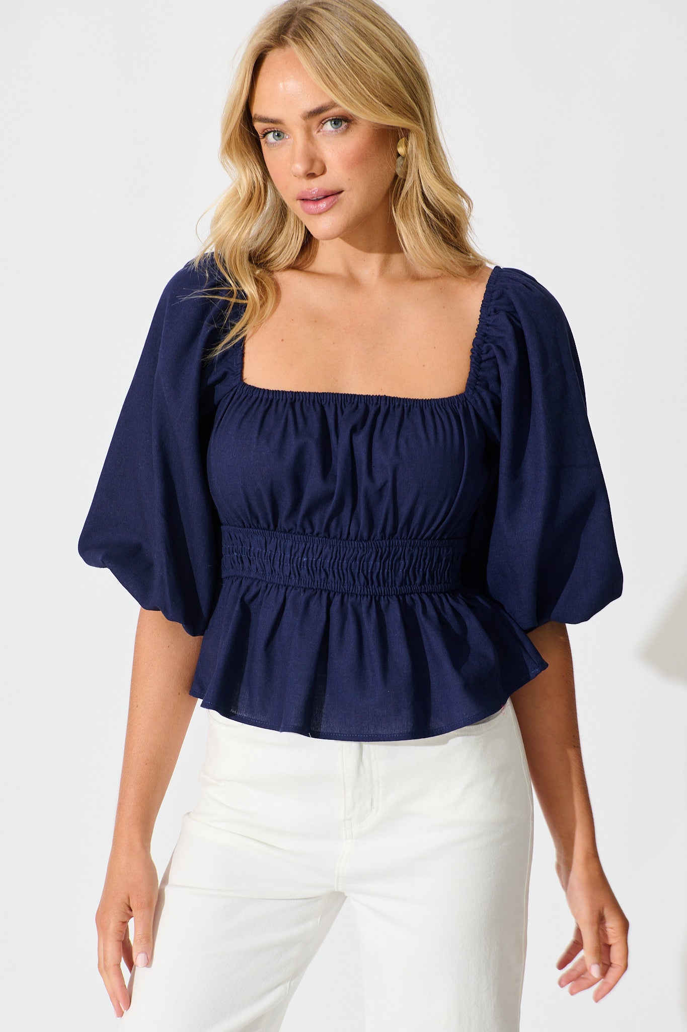 Rosella Top in Navy Linen Blend front