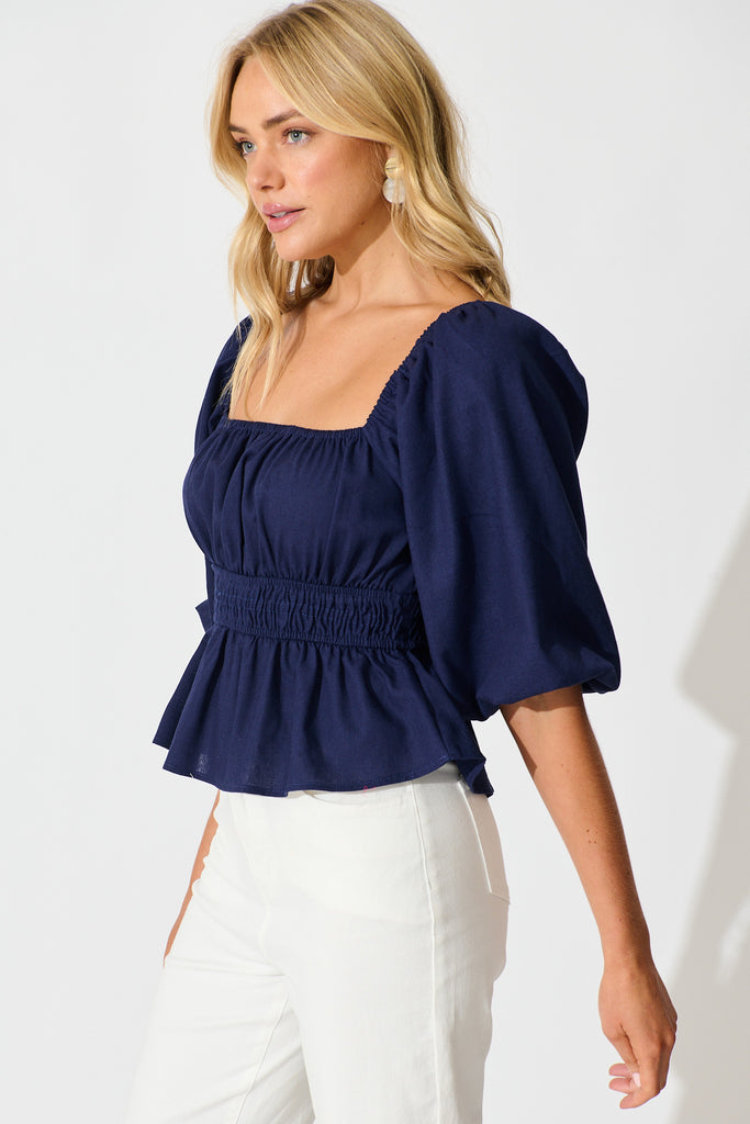 Rosella Top in Navy Linen Blend side