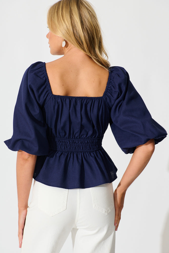 Rosella Top in Navy Linen Blend back