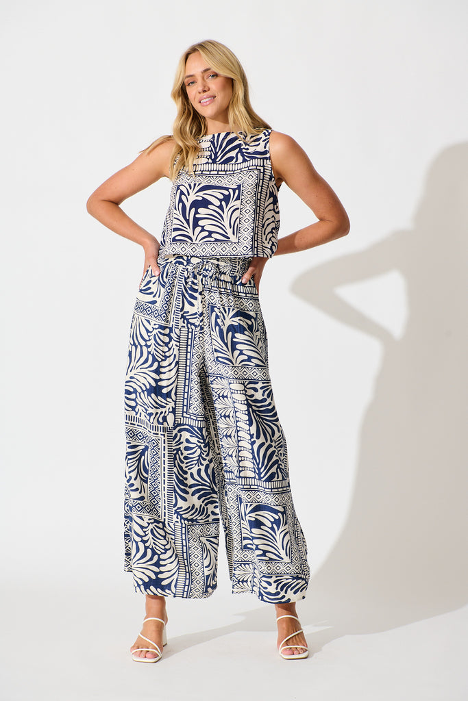 Goldie Wide Leg Pant in Navy and Cream Tile Print full set