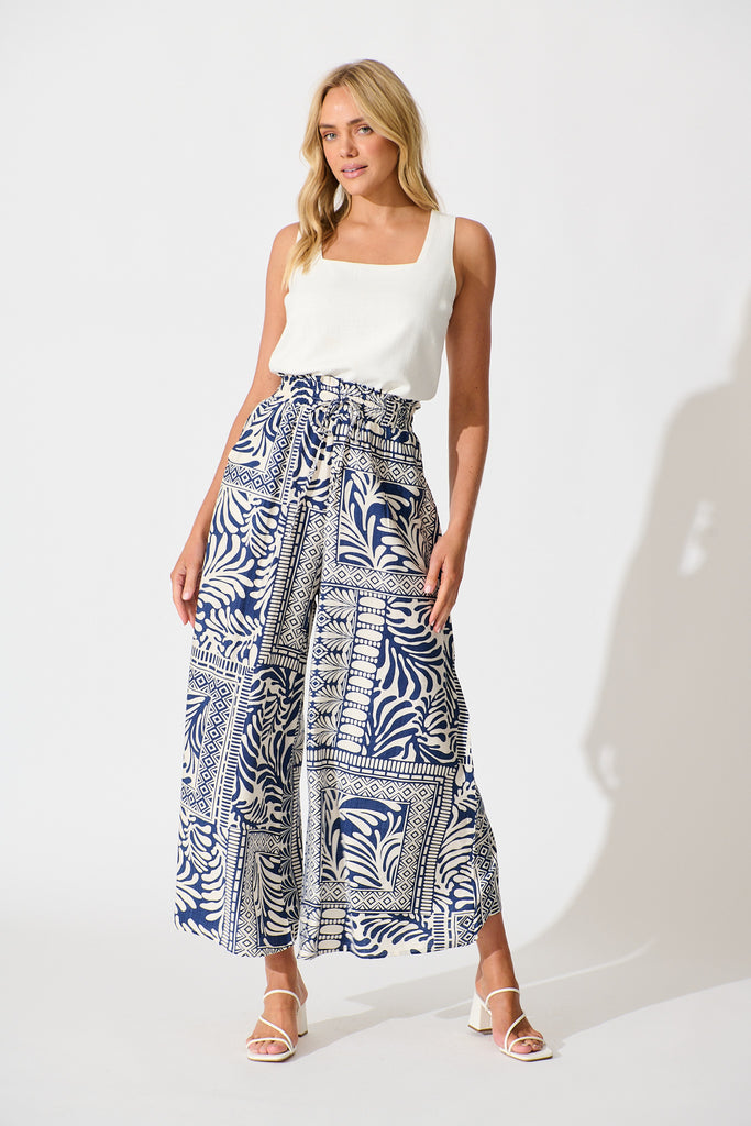 Goldie Wide Leg Pant in Navy and Cream Tile Print full length