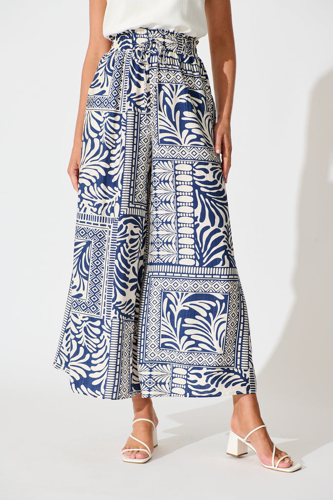 Goldie Wide Leg Pant in Navy and Cream Tile Print front