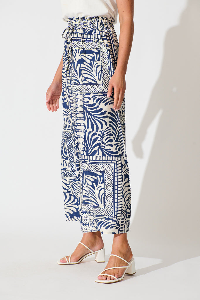 Goldie Wide Leg Pant in Navy and Cream Tile Print side