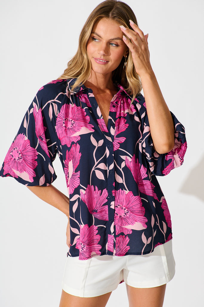 Anita Shirt In Navy with Pink Floral