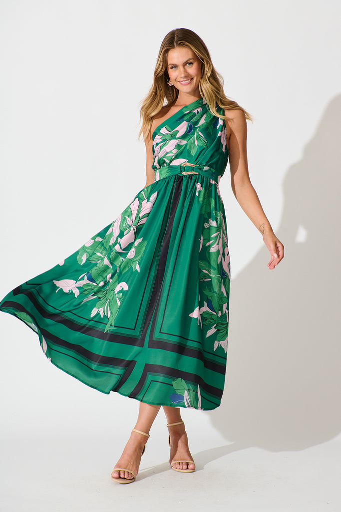 Bernadette One Shoulder Midi Dress In Emerald Print Satin