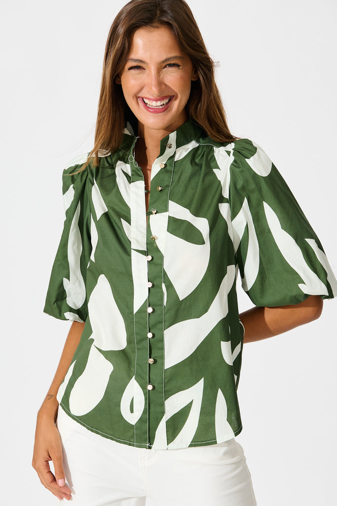 Gigi Shirt in Green and Cream Print Cotton front