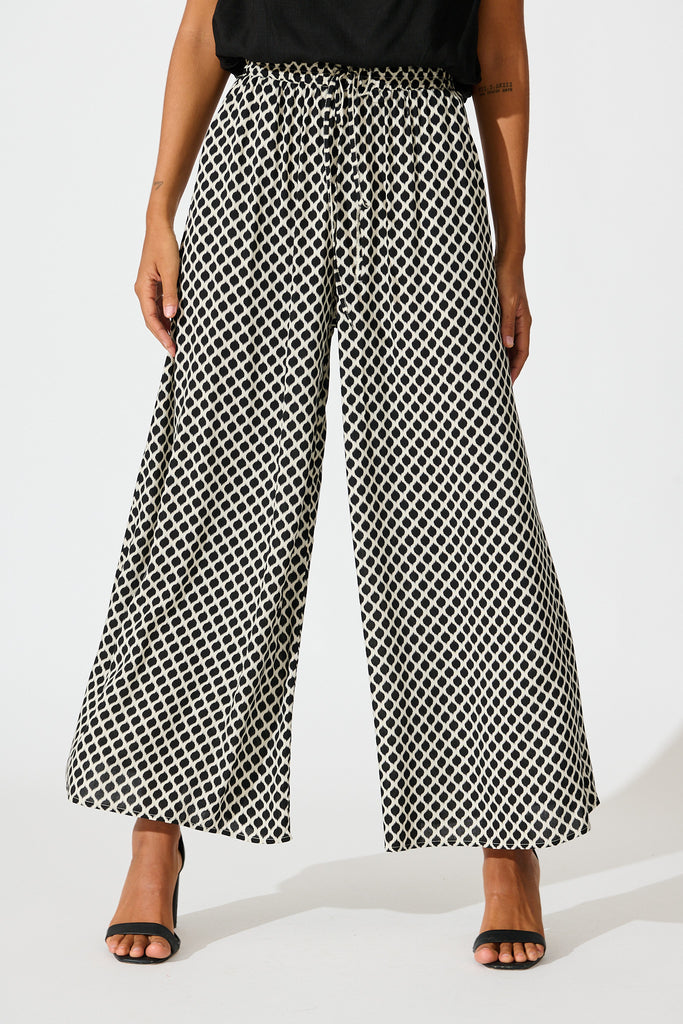 Goldie Wide Leg Pant in Black and Cream Geometric Print front