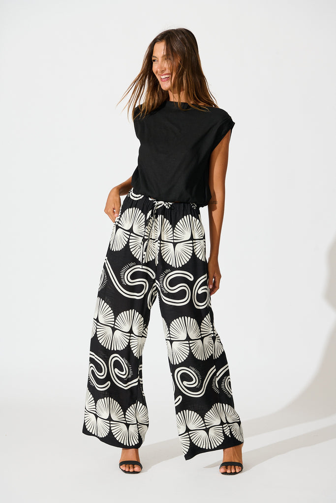 Lucinda Pant in Black with White Swirl Print Linen Blend full length