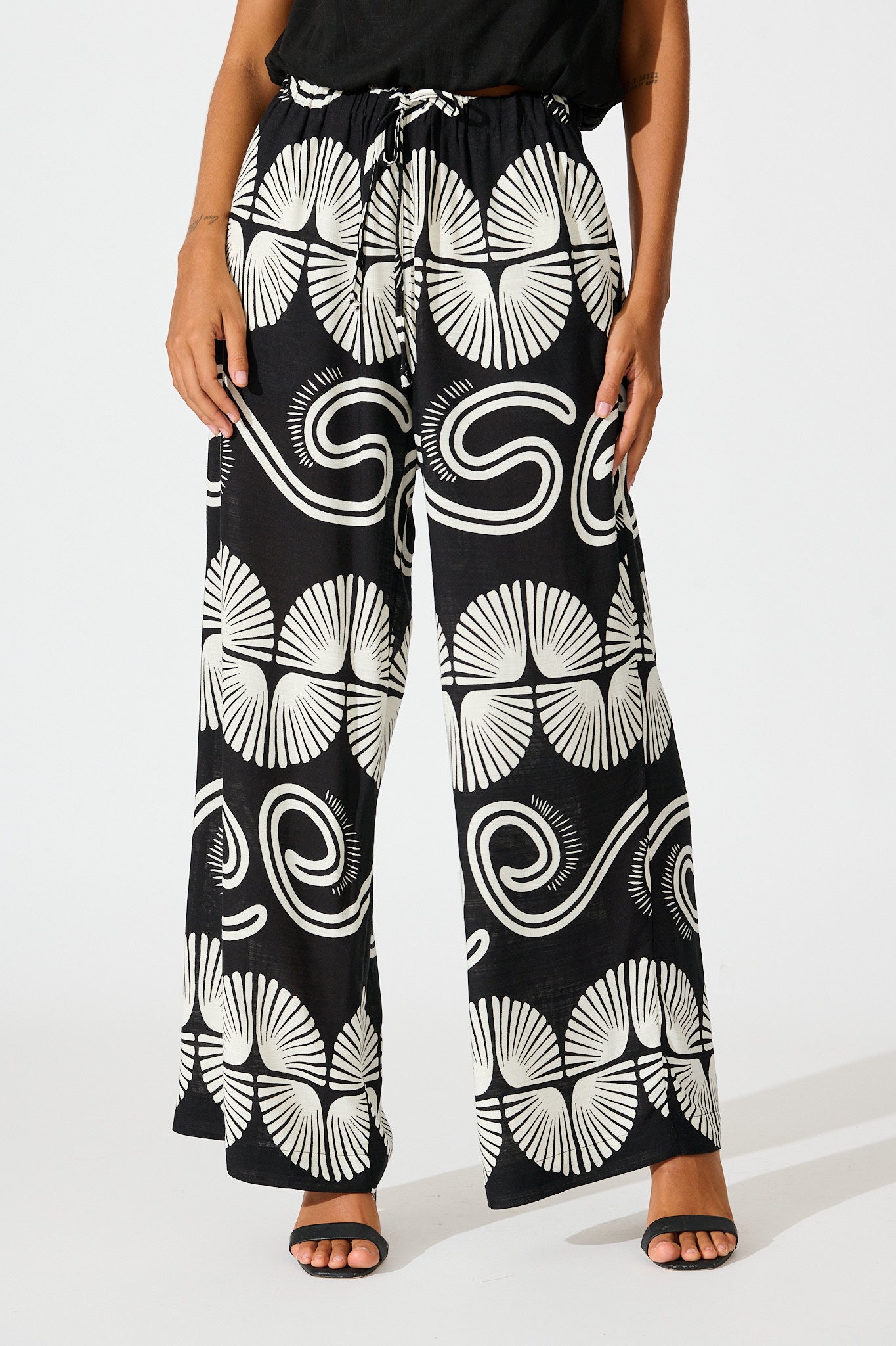 Lucinda Pant in Black with White Swirl Print Linen Blend front