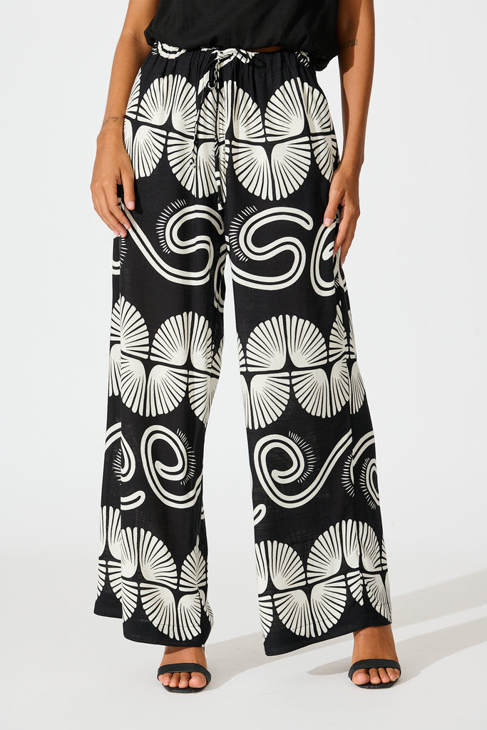 Lucinda Pant in Black with White Swirl Print Linen Blend front