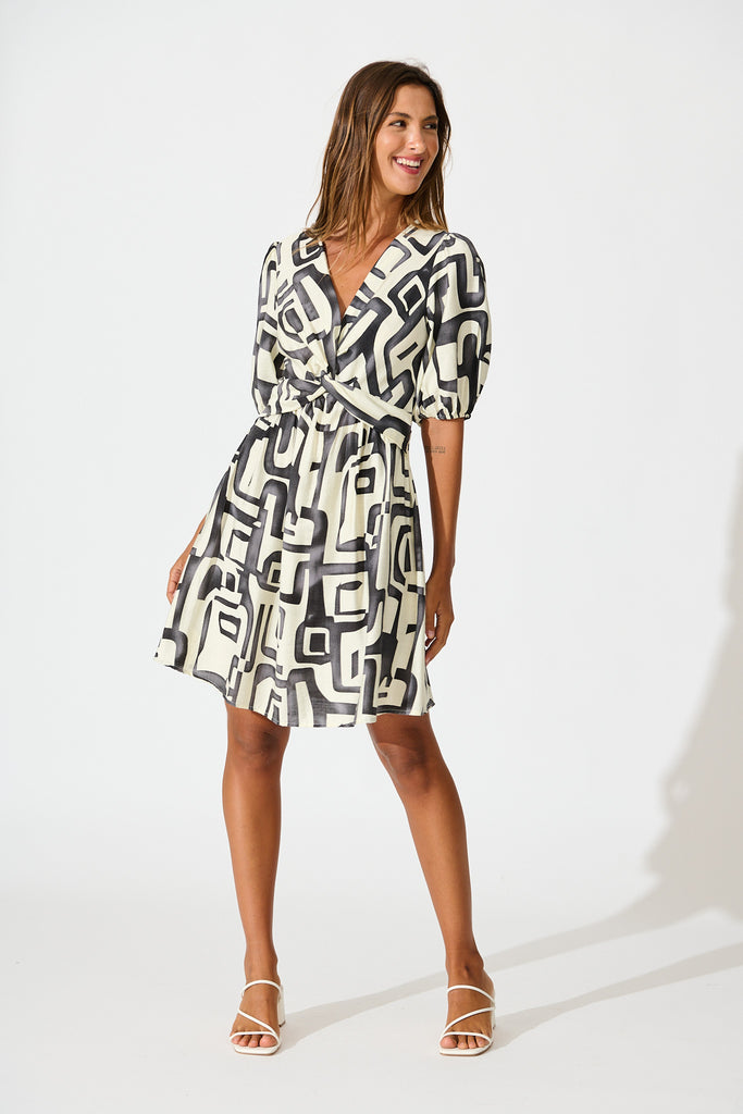 Manhattan Nights Dress in Black and White Geometric Print full length