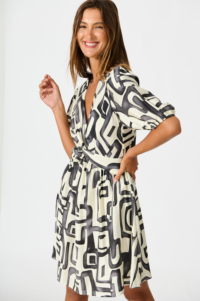 Manhattan Nights Dress in Black and White Geometric Print front