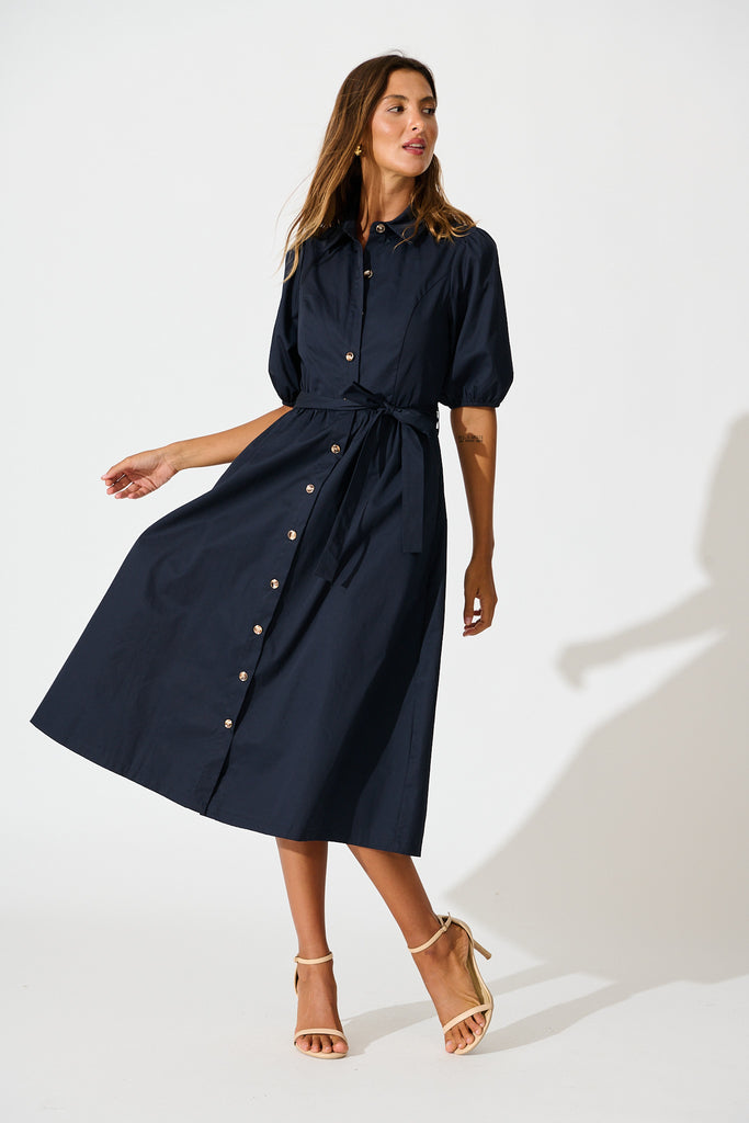 Adrienne Midi Shirt Dress in Navy Cotton full length