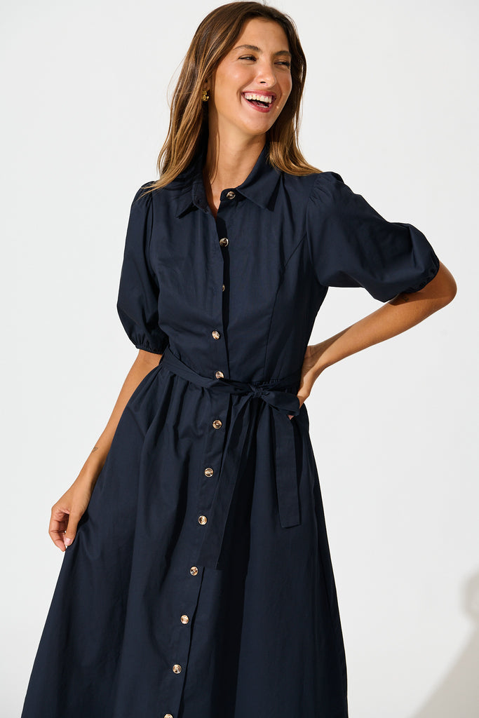 Adrienne Midi Shirt Dress in Navy Cotton front