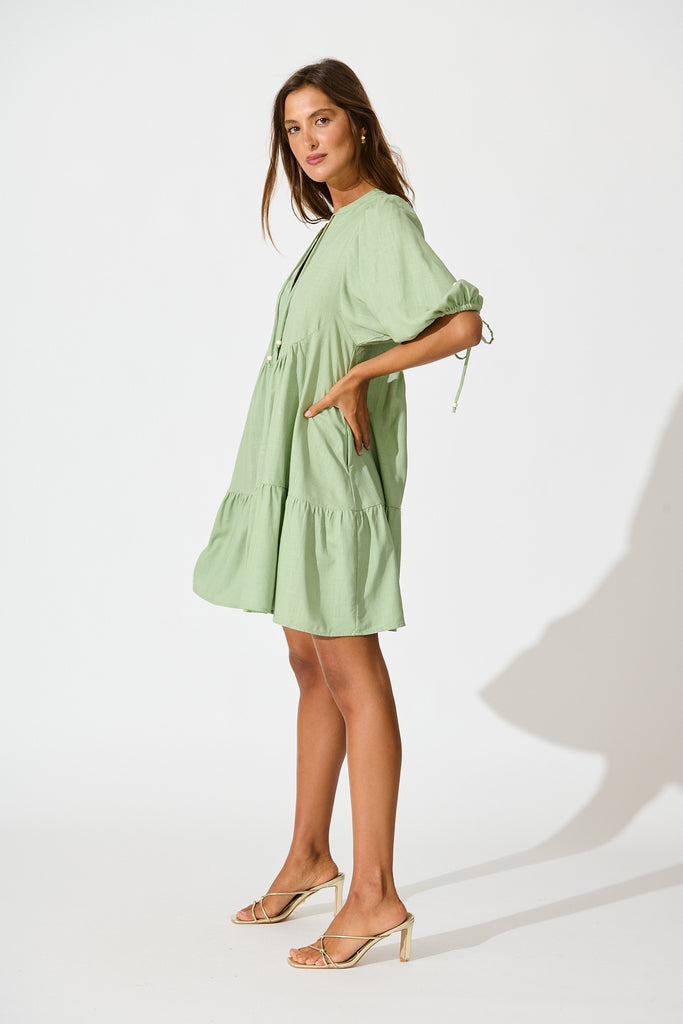 Emelyn Smock Dress in Sage Cotton Linen side