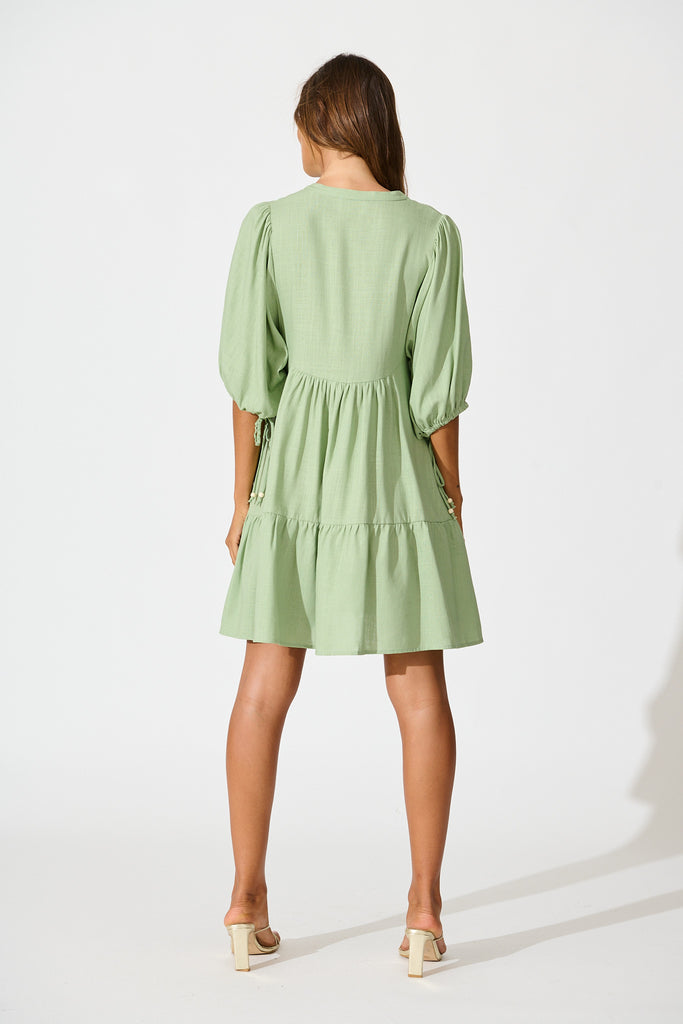 Emelyn Smock Dress in Sage Cotton Linen back