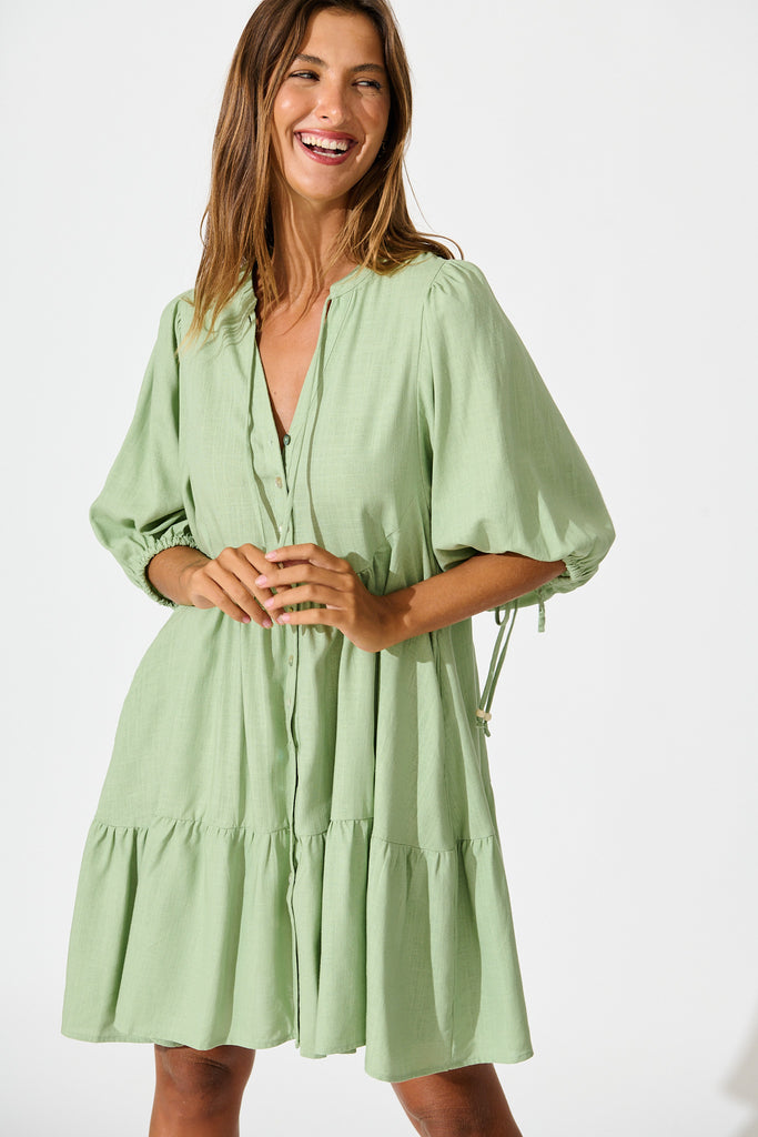 Emelyn Smock Dress in Sage Cotton Linen front